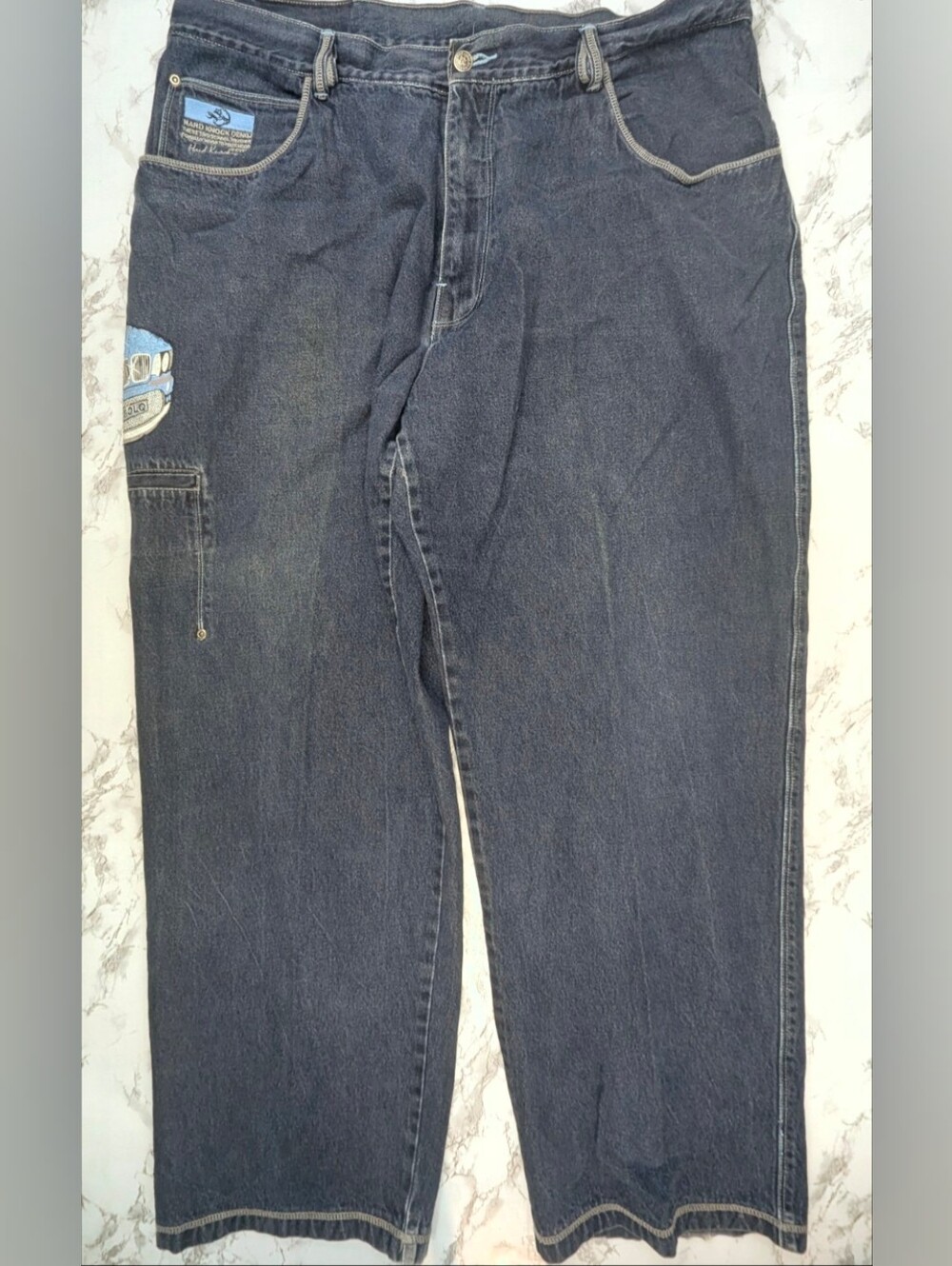 Vtg School of Hard Knocks SOHK Baggy Denim Jeans Sz 42 (As-Is Graphic Damage)